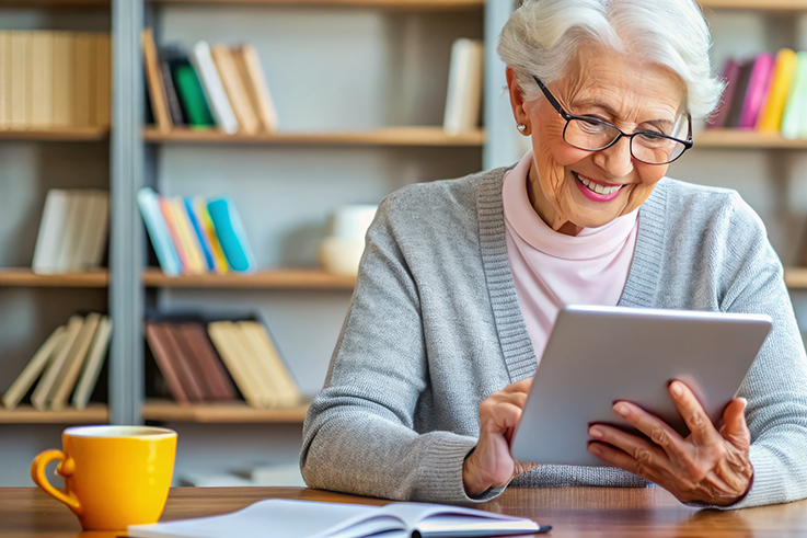 Elderly person with a tablet, surrounded by books and notes, eng