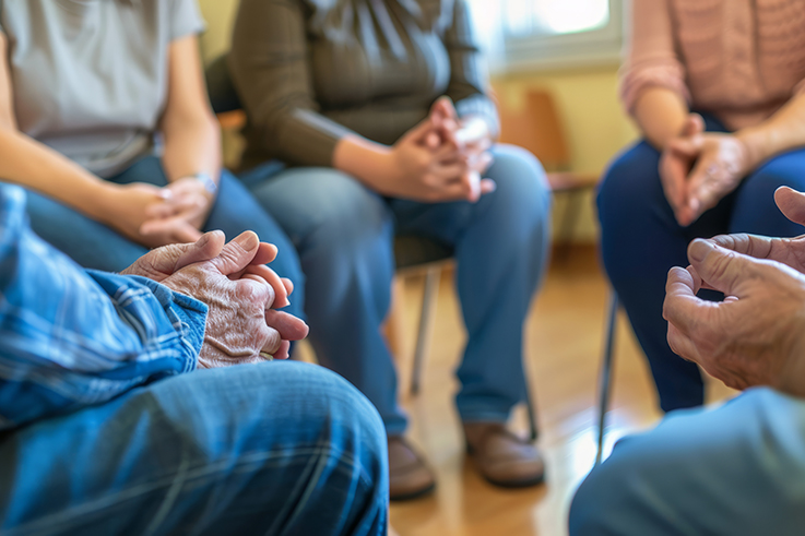 Support group patients comforting person at therapy session, diverse individuals sharing and listening, community healing.